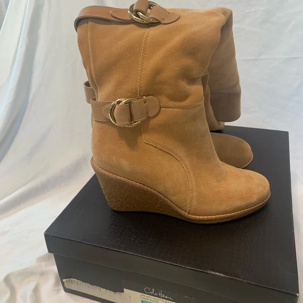 Cole Haan Women's Tall Wedge Suede Boots in Tan Size 7 1/2